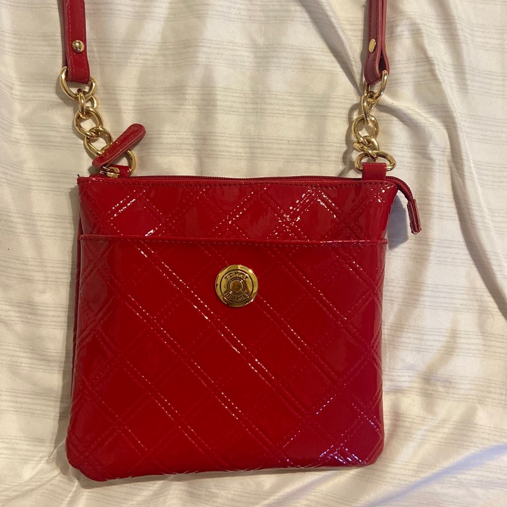 TOMMY HILFIGER bright red & gold handbag, long should bag with in& outer pockets